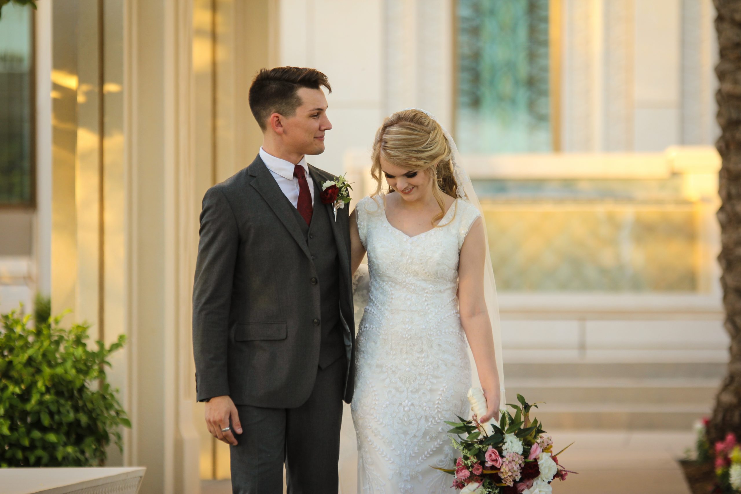 Bride and Groom walking at the Gilbert Arizona Temple