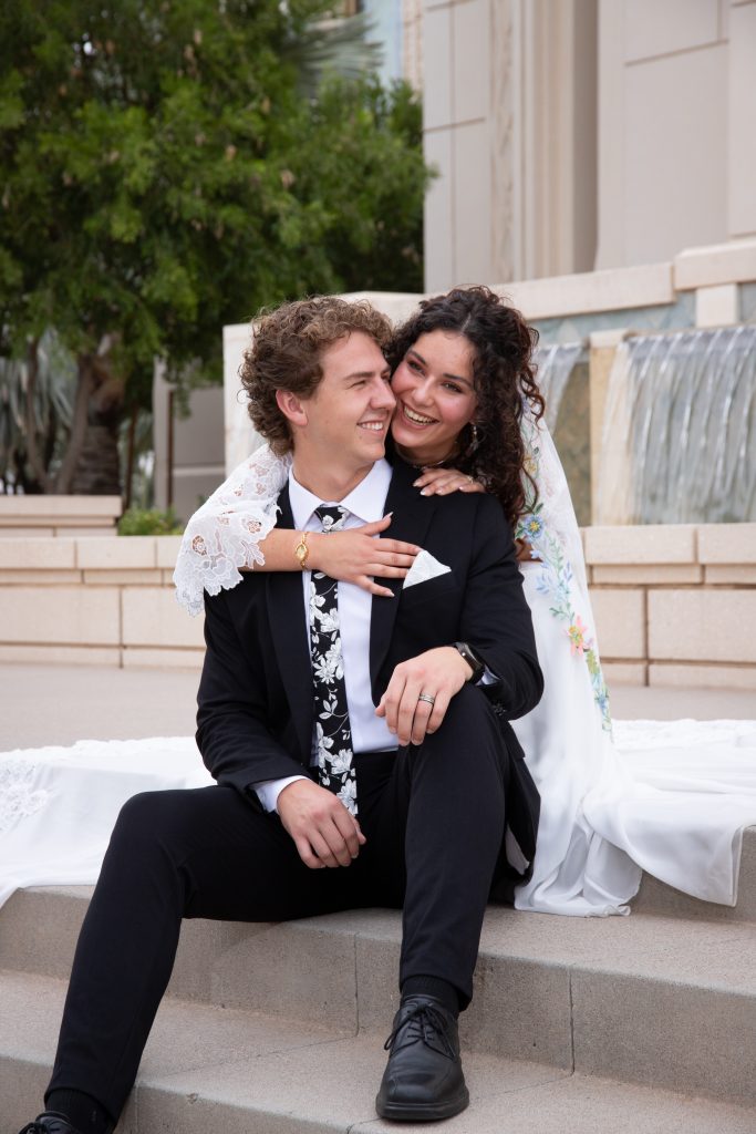 Bride and groom at the water fountain