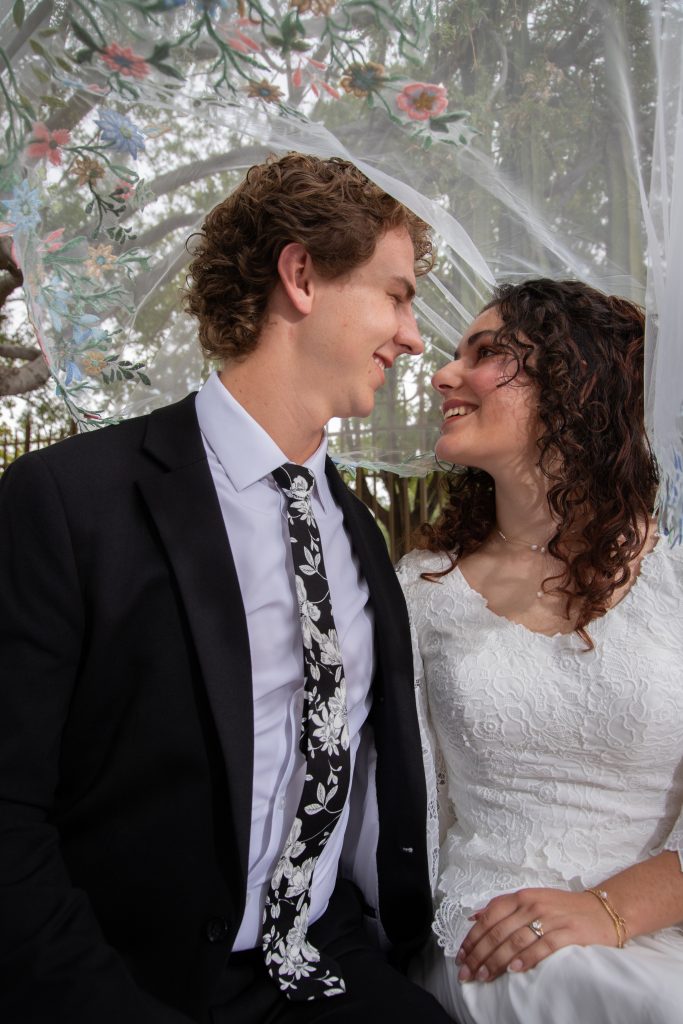 Bride and groom looking at each other under the veil at the Gilbert Temple