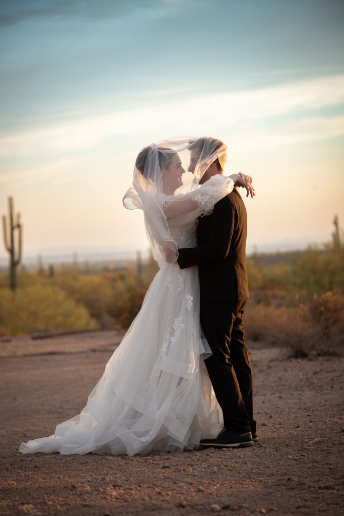 Bride and Groom Gilbert Temple Wedding Sunset Picture