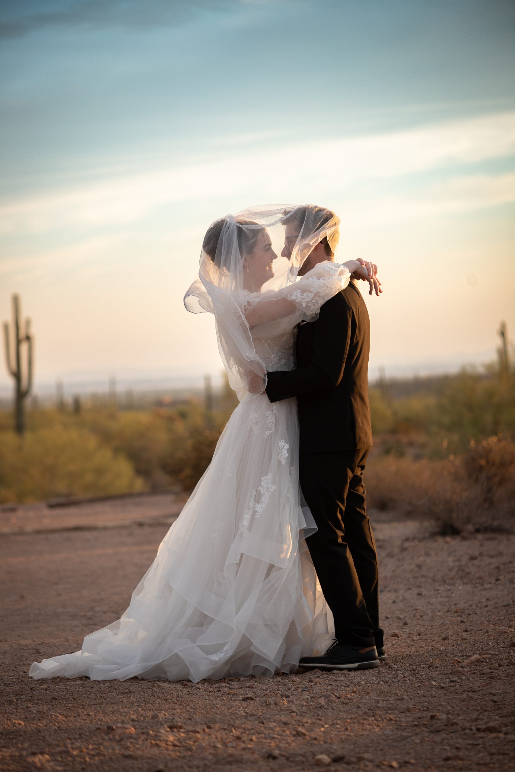 Bride and Groom Gilbert Temple Wedding Sunset Picture